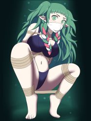 Rule 34 | 1girl, arms behind back, ass, ball gag, bare shoulders, bdsm, blue panties, blush, bondage, bound, breasts, brown rope, cleavage, cloth gag, dankestofdans, eyeliner, feet, female focus, fire emblem, fire emblem: three houses, gag, gagged, green background, green eyes, green hair, highres, improvised gag, intelligent systems, large breasts, layered gags, long hair, makeup, multicolored hair, navel, nintendo, panties, pink hair, pointy ears, rope, shiny clothes, shiny skin, sideboob, solo, sothis (fire emblem), spread legs, thick thighs, thighs, twintails, underwear, variant set, very long hair, white hair
