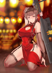 Rule 34 | 1girl, absurdres, ahoge, anti-materiel rifle, arm up, bare shoulders, black panties, black thighhighs, blunt bangs, bolt-action rifle, bolt action, breasts, brown hair, bullpup, c.rabbit, china dress, chinese clothes, cleavage, closed mouth, detached sleeves, dress, dsr-50, dsr-50 (girls&#039; frontline), dsr-50 (red peony) (girls&#039; frontline), garter straps, girls&#039; frontline, gun, hair ornament, high heels, highres, holding, holding gun, holding weapon, lace, lace-trimmed legwear, lace trim, large breasts, long hair, looking at viewer, official alternate costume, panties, red eyes, rifle, seiza, sitting, smile, sniper rifle, solo, spread legs, string panties, thighhighs, thighs, underwear, very long hair, weapon
