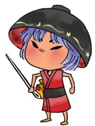 Rule 34 | 1girl, barefoot, bowl, bowl hat, hat, mallet, miracle mallet, needle, onikobe rin, ookami (game), parody, purple hair, short hair, simple background, solo, style parody, sukuna shinmyoumaru, touhou, white background
