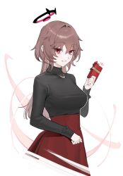 Rule 34 | 1girl, alternate costume, azur lane, black shirt, blush, box, breasts, brown hair, cropped torso, duca degli abruzzi (azur lane), gift, gift box, halo, hand up, high-waist skirt, highres, holding, holding gift, large breasts, long hair, long sleeves, looking at viewer, notice lines, ohisashiburi, open mouth, red eyes, red skirt, shirt, shirt tucked in, sidelocks, skirt, sleeves past wrists, smile, solo, turtleneck, upper body, valentine, white background