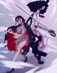 Rule 34 | 1boy, 1girl, afro, black hair, brook (one piece), brown gloves, commentary request, crossed arms, fighting stance, floral print, floral print kimono, gloves, haori, hat, high heels, highres, holding, holding sword, holding weapon, japanese clothes, kimono, long coat, looking at viewer, nico robin, nico robin (wano), obi, one piece, profile, purple sash, red ribbon, ribbon, sash, short kimono, sidelocks, skeleton, smile, sword, tomatop, weapon, wide hips