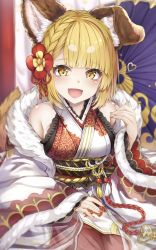 Rule 34 | 1girl, animal ears, bare shoulders, blonde hair, blunt bangs, braid, detached sleeves, dog ears, dog tail, erune, eyeshadow, flower, french braid, fur trim, granblue fantasy, hair flower, hair ornament, highres, hyouta (yoneya), japanese clothes, kimono, lipstick, looking at viewer, makeup, nail, nail polish, obi, open mouth, pink lips, red flower, red nails, rope, sash, short hair, smile, solo, tail, umbrella, vajra (granblue fantasy), wide sleeves, yellow eyes