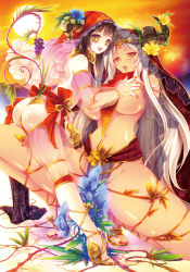 Rule 34 | 2girls, age difference, black hair, blush, grabbing another&#039;s breast, breasts, demon girl, flower, food, fruit, grabbing, grapes, horns, large breasts, long hair, multicolored eyes, multiple girls, open mouth, original, purple eyes, red eyes, shima chiyo, sunset, very long hair, white hair, yellow eyes, yuri