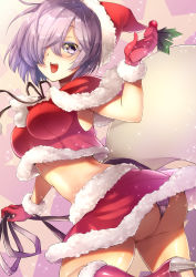Rule 34 | 1girl, :d, alternate costume, arm up, ass, bag, black ribbon, blush, breasts, eyebrows, fate/grand order, fate (series), fur-trimmed gloves, fur trim, gloves, hair over one eye, hat, hatori mia, high heels, highres, holly, impossible clothes, large breasts, mash kyrielight, midriff, mistletoe, open mouth, panties, pantyshot, purple eyes, purple hair, purple panties, red gloves, ribbon, santa costume, santa hat, shawl, short hair, smile, solo, sparkle, strap, teeth, thighs, tongue, underwear