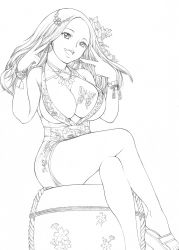 Rule 34 | 1girl, absurdres, bad id, bad pixiv id, bracelet, breasts, bug, butterfly, cleavage, double v, earrings, flower, greyscale, hair flower, hair ornament, highres, huge breasts, bug, jewelry, legs, crossed legs, lineart, long hair, miniskirt, monochrome, necklace, original, rope, sandals, sitting, skirt, smile, solo, tattoo, temutemutemu, thighs, v