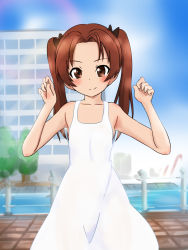 Rule 34 | 10s, 1girl, black bow, blue sky, blurry, blurry background, bow, brown eyes, brown hair, closed mouth, cowboy shot, day, depth of field, dress, flat chest, girls und panzer, hair bow, highres, kadotani anzu, long hair, looking at viewer, medium dress, misakichi (fechisupi777), outdoors, parted bangs, sky, sleeveless, sleeveless dress, smirk, solo, standing, sundress, twintails, white dress