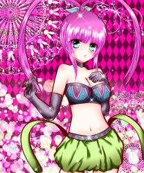 Rule 34 | 1girl, abstract background, alternate breast size, argyle, argyle background, argyle clothes, bare shoulders, blue eyes, blush, breasts, chelsea torn, choker, cleavage, contrapposto, elbow gloves, gloves, hair ornament, highres, lips, long hair, medium breasts, midriff, navel, open mouth, pink hair, puffy shorts, shorts, skirt, solo, tales of (series), tales of destiny, twintails