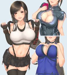 Rule 34 | 1girl, breasts, cleavage, cleavage cutout, clothing cutout, final fantasy, final fantasy vii, final fantasy vii remake, highres, large breasts, multiple views, shirt, skirt, smile, suspender skirt, suspenders, taut clothes, taut shirt, thighhighs, tifa lockhart, tifa lockhart (refined dress), tifa lockhart (sporty dress)