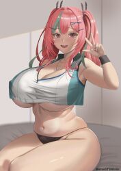 Rule 34 | 1girl, absurdres, armpit peek, azur lane, bed sheet, black panties, black wristband, breasts, bremerton (azur lane), bremerton (scorching-hot training) (azur lane), brown eyes, chromatic aberration, cleavage, collarbone, collared shirt, covered erect nipples, crop top, crop top overhang, curvy, green hair, green shirt, groin, hair intakes, hair ornament, hairclip, heart, heart in eye, heart necklace, highres, huge breasts, jewelry, lace, lace-trimmed panties, lace trim, legs together, light blush, looking at viewer, midriff, mole, mole under eye, multicolored hair, navel, necklace, no pants, official alternate costume, open mouth, panties, pink hair, plump, revision, shirt, sitting, sleeveless, sleeveless shirt, smile, solo, sportswear, stomach, streaked hair, suteshin, symbol in eye, teeth, tennis uniform, thick thighs, thighs, twintails, twitter username, two-tone hair, two-tone shirt, underboob, underwear, w, white shirt, x hair ornament