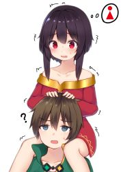 Rule 34 | 1boy, 1girl, :o, ?, absurdres, bare legs, blush, brown hair, capelet, carrying, collarbone, commentary request, dress, flat chest, green capelet, grey eyes, hair between eyes, hair intakes, hands on another&#039;s head, have to pee, highres, kanekan, kono subarashii sekai ni shukufuku wo!, long sleeves, looking down, megumin, no headwear, off-shoulder dress, off shoulder, open mouth, red dress, satou kazuma, short hair, short hair with long locks, shoulder carry, sidelocks, simple background, sweat, sweatdrop, tears, thought bubble, toilet symbol, trembling, upper body, white background