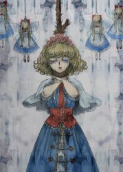Rule 34 | 1girl, alice margatroid, ascot, asphyxiation, blonde hair, blue dress, blue eyes, capelet, doll, dress, frilled ascot, frills, hair between eyes, hairband, half-closed eyes, hands on neck, hanged, lolita hairband, looking at viewer, nazo (mystery), noose, open mouth, puffy short sleeves, puffy sleeves, ribbon, rope, sash, shanghai doll, short hair, short sleeves, simple background, solo, standing, suicide, touhou