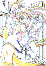 Rule 34 | 10s, 1girl, bow, colored pencil (medium), foreshortening, grin, hair bow, long hair, magical girl, mahou shoujo madoka magica, mahou shoujo madoka magica (anime), mct-no04, polearm, ponytail, red eyes, red hair, sakura kyoko, smile, solo, soul gem, spear, thighhighs, traditional media, weapon, zettai ryouiki