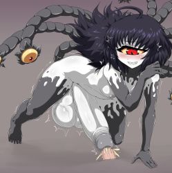 Rule 34 | 1girl, ahoge, black hair, blush, breasts, colored sclera, cum, extra eyes, femdom, futanari, gazer (monster girl encyclopedia), grin, highres, huge penis, huge testicles, jadf, monster girl, monster girl encyclopedia, newhalf, nude, one-eyed, penis, red eyes, sharp teeth, slit pupils, small breasts, smile, solo, teeth, tentacles, testicles, trembling, uncensored, urethral insertion, veins, veiny testicles, yellow sclera