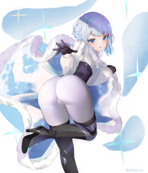 Rule 34 | 1girl, akershus fortress (oshiro project), ass, blush, boots, breasts, commission, fuenyuan, gloves, high heel boots, high heels, highres, large breasts, long sleeves, looking at viewer, looking back, open mouth, oshiro project:re, pixiv commission, short hair, silver hair, solo, thigh boots, thighhighs, thighs