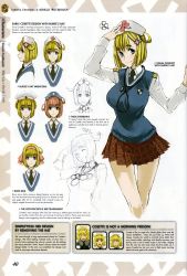 Rule 34 | 00s, 1girl, blonde hair, blue eyes, breasts, character sheet, concept art, cosette coalhearth, hair ornament, hairclip, hat, headband, highres, honjou raita, large breasts, lineart, multiple views, necktie, non-web source, nurse cap, open mouth, pleated skirt, senjou no valkyria (series), senjou no valkyria 2, simple background, skirt, smile, stethoscope, uniform, variations