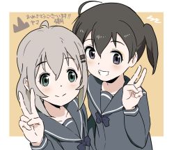 Rule 34 | 2girls, aayh, ahoge, black bow, black hair, blush, bow, brown background, closed mouth, commentary request, grey eyes, grey hair, grey sailor collar, grey shirt, grin, hair ornament, hairclip, hand up, kuraue hinata, multiple girls, sailor collar, school uniform, serafuku, shirt, smile, translation request, twintails, two-tone background, upper body, v, white background, yama no susume, yukimura aoi