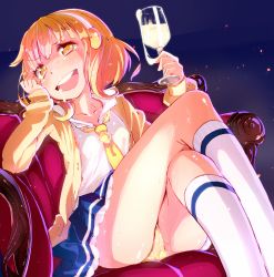 Rule 34 | 10s, 1girl, blonde hair, blue background, blush, cum, cum in container, cum in cup, cum in mouth, cup, drinking glass, gokkun, hairband, hato haru, highres, holding, holding cup, kise yayoi, crossed legs, necktie, open mouth, panties, precure, sitting, skirt, smile, smile precure!, solo, sweat, sweater, underwear, upskirt, white hairband, wine glass, yellow eyes