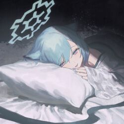 Rule 34 | 1girl, animal ears, aqua eyes, aqua hair, blue archive, blue nails, futon, gears, halo, highres, japanese clothes, kimono, looking at viewer, open mouth, pillow, shigure (blue archive), shigure (hot spring) (blue archive), smile, solo, under covers, weasel ears, white kimono, yomoyama55