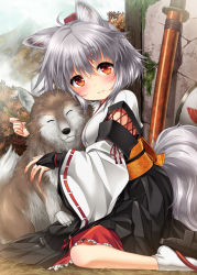 Rule 34 | 1girl, animal ears, breasts, detached sleeves, female focus, inubashiri momiji, kei kei, kourindou tengu costume, looking at viewer, nature, outdoors, plant, red eyes, short hair, silver hair, sky, smile, solo, tail, touhou, wolf, wolf ears, wolf tail