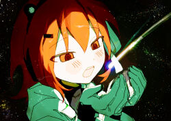 1girl a.i._voice adachi_rei android artificial_eye black_shirt blush comet cupping_hands gloves hair_ornament hair_ribbon hairclip hands_up headlamp headphones highres jacket lens_eye long_sleeves looking_at_object mechanical_eye medium_hair open_mouth orange_eyes orange_hair own_hands_together ribbon senzai shirt solo space utau white_gloves white_jacket white_ribbon