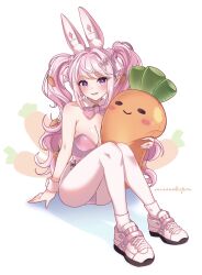 Rule 34 | 1girl, :d, alice (nikke), alice (wonderland bunny) (nikke), animal ears, bare shoulders, blush, bowtie, breasts, carrot, carrot hair ornament, cleavage, collarbone, detached collar, fake animal ears, food-themed hair ornament, goddess of victory: nikke, hair between eyes, hair intakes, hair ornament, holding, knees up, large breasts, leotard, long hair, nekoponart, open mouth, pantyhose, pink bow, pink bowtie, pink eyes, pink hair, pink leotard, playboy bunny, rabbit ears, shoes, sidelocks, sitting, smile, sneakers, solo, strapless, strapless leotard, stuffed toy, twintails, white pantyhose