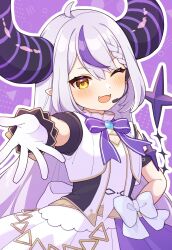 Rule 34 | 1girl, ahoge, alternate costume, bare shoulders, black horns, braid, braided bangs, commentary, detached sleeves, fangs, gloves, grey hair, hand on own hip, hayamaro65, headset, highres, hololive, hololive idol uniform, horns, la+ darknesss, long hair, multicolored hair, official alternate costume, one eye closed, pointy ears, purple hair, reaching, reaching towards viewer, solo, streaked hair, striped horns, virtual youtuber, white gloves, yellow eyes