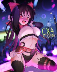 Rule 34 | 1girl, black panties, blush, cx4 storm (girls&#039; frontline), embarrassed, garter belt, garter straps, girls&#039; frontline, highres, long hair, money, panties, pole, pole dancing, red eyes, revealing clothes, ryuu tou, smile, solo, stripper pole, thighhighs, underwear, very long hair