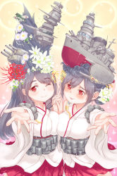 Rule 34 | 10s, 2girls, aircraft, airplane, bare shoulders, black hair, blush, breast press, breasts, broken, detached sleeves, drooling, flower, fusou (kancolle), hair flower, hair ornament, holding hands, interlocked fingers, japanese clothes, kantai collection, large breasts, light smile, long hair, looking at viewer, multiple girls, nontraditional miko, one eye closed, open mouth, outstretched arm, outstretched hand, own hands together, personification, red eyes, saliva, shimetta seiya, ship, short hair, skirt, sweat, sweatdrop, watercraft, wink, yamashiro (kancolle)