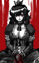Rule 34 | 1girl, artist name, black hair, black lips, breasts, cleavage, dress, gloves, goth fashion, highres, john joseco, large breasts, lipstick, long hair, looking at viewer, makeup, mario (series), nintendo, parted lips, princess, princess peach, red eyes, smile, solo