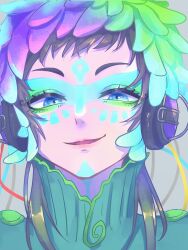 Rule 34 | 1other, aqua hair, artist name, blue eyes, blue feathers, carua gyuunyuu, eyelashes, facepaint, feathers, gnosia, green eyes, green feathers, highres, looking at viewer, multicolored clothes, outline, purple feathers, raqio, simple background, solo, upper body