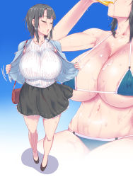 Rule 34 | 1girl, bag, bikini, black footwear, black hair, black skirt, blue background, blue bikini, blue cardigan, breasts, cardigan, closed eyes, commentary request, cup, drinking, drinking glass, full body, gradient background, halterneck, handbag, huge breasts, jt dong-agyoku, kantai collection, large breasts, miniskirt, navel, open mouth, presenting, ribbed shirt, shirt, short hair, sidelocks, sitting, skirt, sleeveless, sleeveless shirt, standing, sweat, swimsuit, takao (kancolle), thighs, underboob