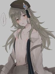 Rule 34 | 1boy, :o, akitama2727, beret, black hat, blush, green eyes, green hair, grey background, hair between eyes, hat, long hair, long sleeves, looking at viewer, male focus, navel, nipples, open clothes, open mouth, pinocchio (sinoalice), reality arc (sinoalice), simple background, sinoalice, solo, tears, trap