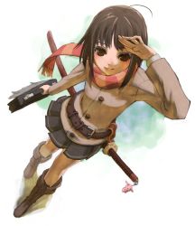 Rule 34 | 1girl, ahoge, arm up, bad id, bad pixiv id, bag, belt, boots, brown eyes, brown footwear, brown hair, buttons, cross-laced footwear, foreshortening, from above, katana, charm (object), lace-up boots, looking at viewer, miniskirt, original, pleated skirt, sankaku (pixi5000), scarf, school uniform, serafuku, sheath, sheathed, shiden, skirt, smile, solo, striped clothes, striped scarf, sword, weapon