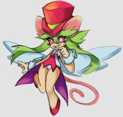 Rule 34 | 1girl, animal ears, blush stickers, breasts, green hair, hat, heart, heart tail, leotard, mad rat dead, mouse (animal), mouse ears, mouse girl, mouse tail, necktie, nippon ichi, rat god, red eyes, tail, top hat, wings, wrist cuffs