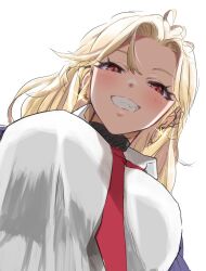 1girl absurdres blonde_hair breasts earrings ein_(nikke) from_below goddess_of_victory:_nikke gyaru highres jewelry large_breasts looking_at_viewer necktie red_eyes red_necktie school_uniform simple_background smile solo upper_body white_background zenisu