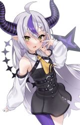 Rule 34 | 1girl, absurdres, ahoge, ascot, bare shoulders, black nails, blush, braid, crossed bangs, demon horns, detached sleeves, grey hair, hair between eyes, hand up, highres, hololive, honeyhoppin, horns, la+ darknesss, long hair, long sleeves, looking at viewer, multicolored hair, o-ring, open mouth, pointy ears, purple hair, simple background, single leg pantyhose, solo, streaked hair, striped horns, very long hair, virtual youtuber, white background, yellow ascot, yellow eyes