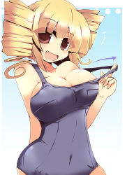 Rule 34 | 00s, 1girl, beelzebub (umineko), blonde hair, breasts, cleavage, drill hair, fang, large breasts, one-piece swimsuit, open mouth, red eyes, school swimsuit, shirogane (platinum), solo, stakes of purgatory, swimsuit, umineko no naku koro ni