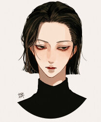 Rule 34 | 1boy, absurdres, black shirt, blunt bangs, bob cut, brown eyes, brown hair, closed mouth, forehead, highres, kagoya1219, looking at viewer, male focus, original, portrait, shirt, short hair, signature, simple background, solo, straight-on, turtleneck, white background