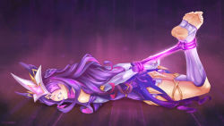 Rule 34 | 1girl, absurdres, arms behind back, aura, bdsm, bondage, bound, clenched teeth, elbow gloves, eyepatch, facial mark, feet, gem, gloves, glowing, hans ft, headgear, highres, league of legends, long hair, multicolored hair, nail polish, pink hair, purple hair, purple legwear, purple nails, purple rope, restrained, rope, signature, solo, star (symbol), star guardian (league of legends), star guardian syndra, syndra, teeth, toenails, white gloves, wooden floor