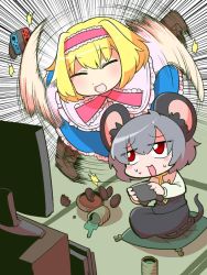 Rule 34 | 2girls, :d, alice margatroid, animal ears, bad id, bad twitter id, blonde hair, blush, boots, cookie (touhou), cross-laced footwear, cup, dress, false smile, food, frilled dress, frills, green tea, grey hair, headband, lace-up boots, mouse ears, mouse tail, multiple girls, nazrin, nintendo, nintendo switch, open mouth, pillow, red eyes, smile, spill, spinning, sweat, syowahoka, tail, tatami, tea, teacup, television, touhou