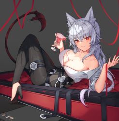 Rule 34 | 1girl, :3, absurdres, alcohol, animal ear fluff, animal ears, aoria, belt, black footwear, black pants, blush, breasts, bright pupils, cleavage, closed mouth, coffin, collarbone, cup, demon tail, drinking glass, from side, glint, grey background, heart, high-waist pants, high heels, highres, holding, holding cup, knees up, large breasts, long hair, looking at viewer, looking to the side, lying, no bra, nude, off shoulder, on back, original, pants, pouring, pouring onto self, red eyes, short sleeves, silver hair, simple background, solo, tail, wine, wine glass