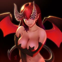 Rule 34 | 1girl, areola slip, arm under breasts, backlighting, bare shoulders, black background, black gloves, black wings, breast hold, breasts, closed mouth, collarbone, commentary request, demon girl, demon horns, demon tail, demon wings, dragon horns, earrings, elbow gloves, gloves, hair between eyes, hand on own arm, highres, horiishi horuto, horns, jewelry, large breasts, lips, looking at viewer, navel, original, pasties, pointy ears, purple eyes, red hair, red wings, simple background, smirk, star pasties, straight hair, tail, upper body, wings
