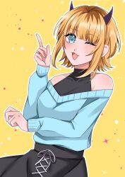 Rule 34 | 1girl, absurdres, black skirt, blonde hair, blue eyes, blue jacket, blue sweater, bob cut, demon horns, fang, halterneck, happy, highres, horns, inverted bob, jacket, jmfz5558, looking at viewer, mem-cho, multicolored hair, one eye closed, open mouth, oshi no ko, roots (hair), short hair, simple background, skirt, smile, solo, star (symbol), sweater, yellow background