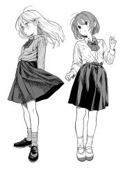 Rule 34 | 2girls, antenna hair, bow, bowtie, dithering, floating hair, full body, greyscale, highres, inushima (k z i t ), loafers, long hair, looking to the side, mary janes, monochrome, multiple girls, original, pleated skirt, shirt, shoes, short hair, simple background, skirt, socks, standing, three quarter view