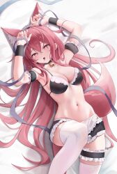 Rule 34 | 1girl, absurdres, animal ears, bare shoulders, blush, bra, breasts, cleavage, collarbone, fox ears, fox tail, highres, large breasts, long hair, looking at viewer, lying, miniskirt, navel, on back, open mouth, original, rable, red eyes, red hair, skirt, solo, tail, thighhighs, thighs, underwear
