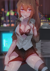 Rule 34 | 1girl, black bra, black skirt, blue eyes, bra, brown hair, collarbone, collared shirt, dress shirt, girls&#039; frontline, hair between eyes, heart, heart-shaped pupils, heavy breathing, highres, indoors, kalina (girls&#039; frontline), long hair, long sleeves, looking at viewer, monitor, night, panties, panty pull, paper stack, parted lips, partially unbuttoned, pulling own clothes, red panties, red ribbon, ribbon, shirt, side ponytail, sitting, skirt, solo, striped clothes, striped thighhighs, sweat, symbol-shaped pupils, thighhighs, underwear, white shirt, window, wing collar, yueqin (monnpiano)