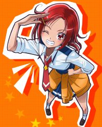 Rule 34 | 10s, 1girl, eyelashes, hino akane (smile precure!), mahkn, necktie, one eye closed, precure, red eyes, red hair, school uniform, short hair, sleeves rolled up, smile precure!, solo, star (symbol), symbol-shaped pupils, wink