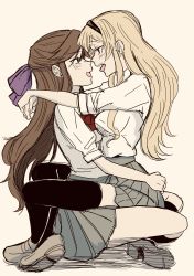 Rule 34 | 2girls, absurdres, artist request, ass grab, black legwear, blonde hair, blush, breasts, brown hair, couple, cowgirl position, grey eyes, hair ornament, highres, hug, incipient kiss, legs, long hair, medium breasts, multiple girls, open mouth, red eyes, saijou claudine, school uniform, shoes, shoujo kageki revue starlight, simple background, sitting, sitting on lap, sitting on person, skirt, straddling, tagme, tendou maya, tongue, tongue out, yuri