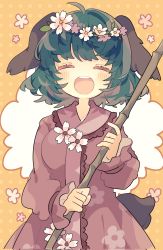 Rule 34 | 1girl, animal ears, blush, broom, closed eyes, corrupted twitter file, dog ears, dog tail, dress, flower, green hair, hair flower, hair ornament, highres, holding, holding broom, kasodani kyouko, long sleeves, nikorashi-ka, one-hour drawing challenge, open mouth, pink dress, pink flower, round teeth, short hair, smile, solo, tail, teeth, touhou, upper body, upper teeth only, white flower