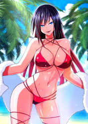 Rule 34 | 1girl, bare shoulders, bikini, black hair, blue eyes, blue sky, breasts, cleavage, cloud, collarbone, commentary request, cowboy shot, day, gradient hair, groin, hair between eyes, large breasts, looking at viewer, marine day, midriff, multi-strapped bikini, multicolored hair, navel, ocean, original, palm leaf, parted lips, red bikini, red hair, sasaki (sasaki1de0), sidelocks, skindentation, sky, smile, solo, sparkle, standing, swimsuit, thigh strap, towel